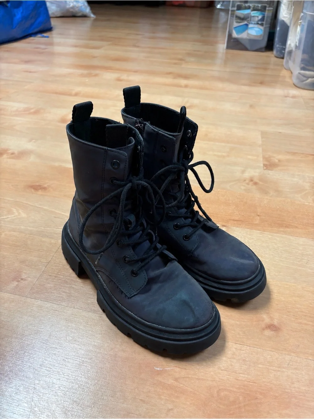 Zara Iridescent Combat Boot Lace Up Lug Sole Ankle Boots Purple Black EU 34 US 3
